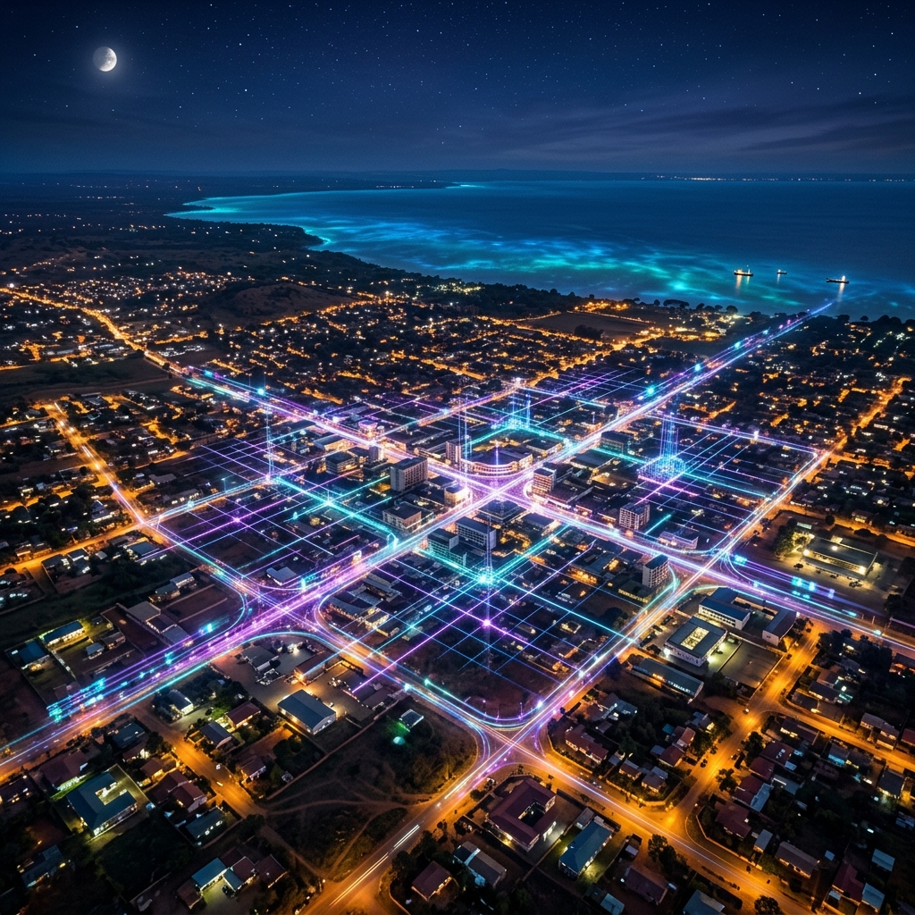 Modern city aerial view overlaid with glowing digital network connections representing Malawi's digital transition