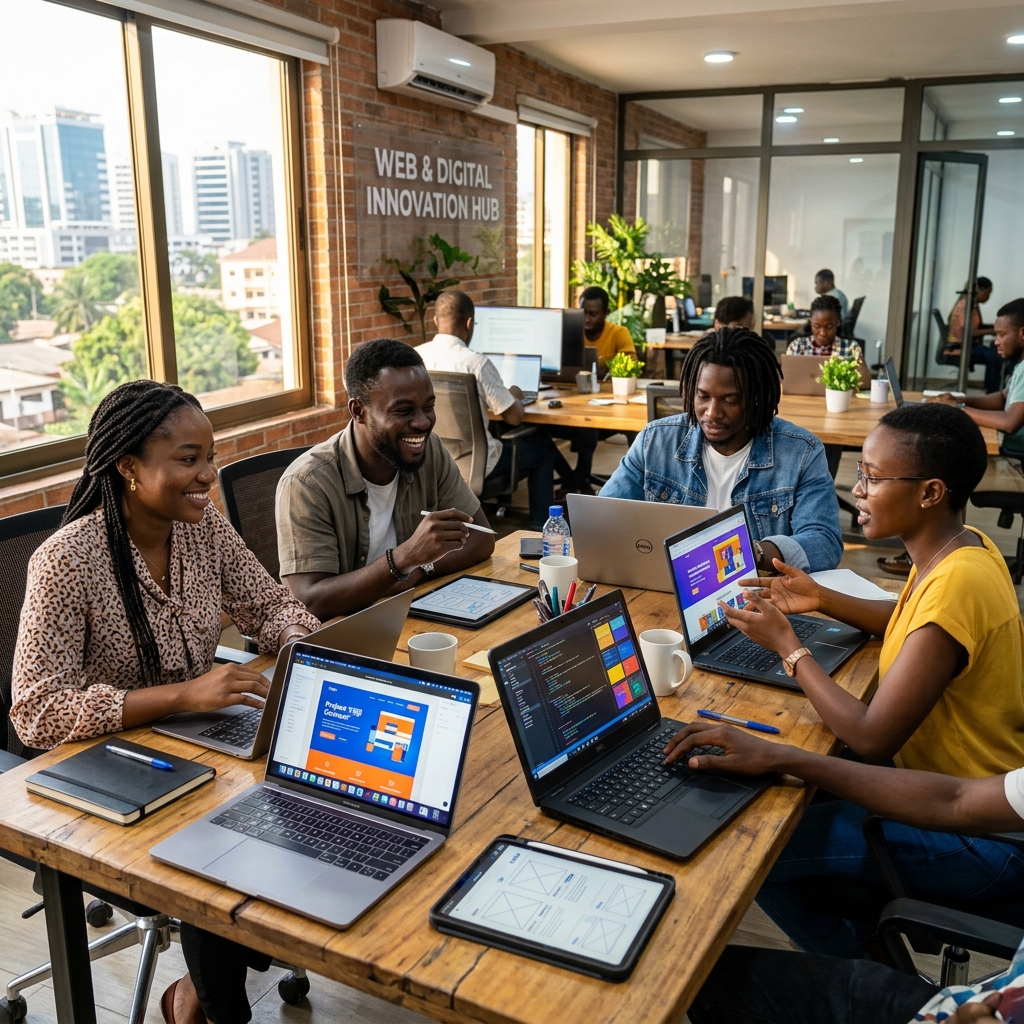 Professional development team working together in modern tech hub